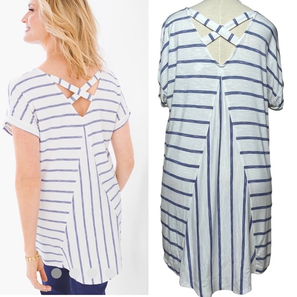 Chico's White/Blue Striped ¾ Sleeve Back Detail Knit Tunic 100% Cotton 1 US 4/6 - Picture 3 of 16